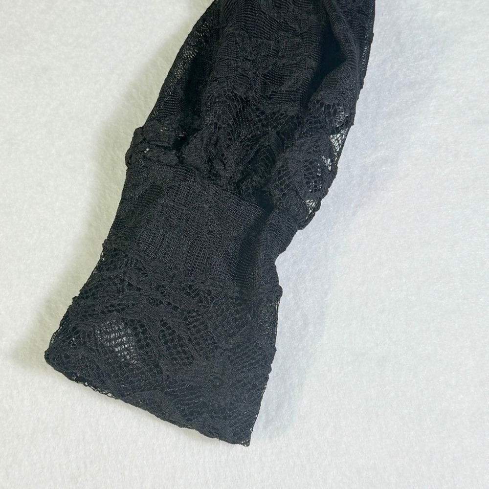 Black Sheer Floral Lace Mock Neck Long Sleeve Blouse Keyhole Mesh Top - Picture 8 of 15